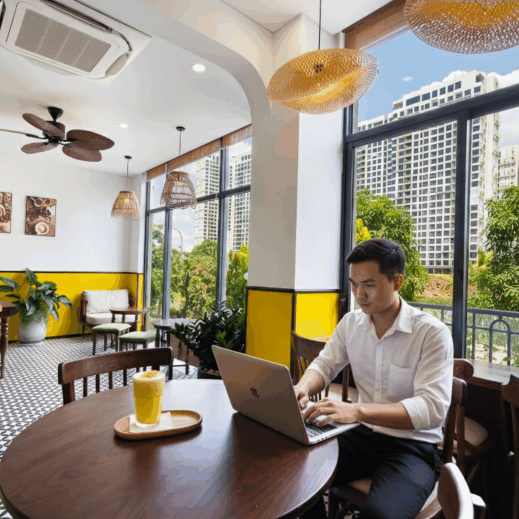 freelancer làm việc tại quán cafe vintage có view xanh và ánh sáng tự nhiên.