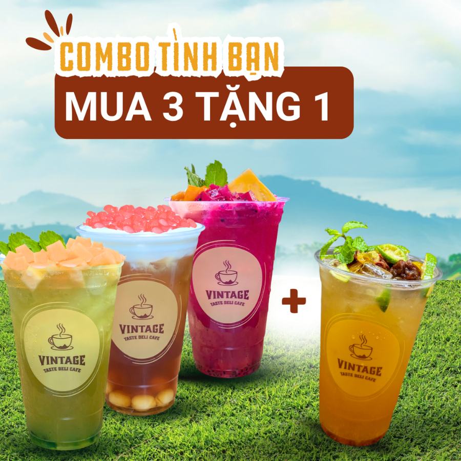 Combo Tình Bạn – ưu đãi mua 3 tặng 1 với 4 ly nước đầy màu sắc tại Vintage Taste Deli Cafe.