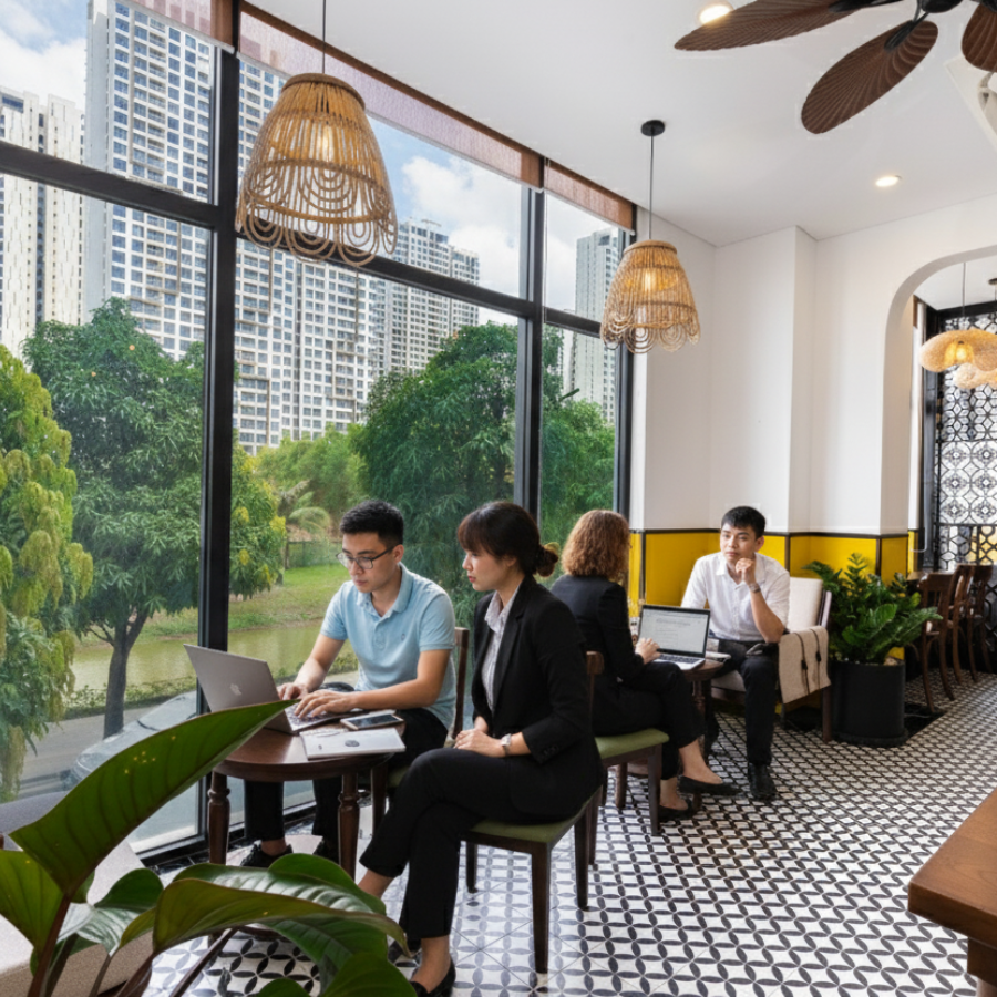 hách hàng làm việc và trò chuyện trong không gian Vintage Taste Deli Cafe, nhìn ra khung cảnh xanh mát và các tòa nhà cao tầng.