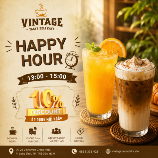 Quán cafe vintage, cafe phong cách cổ điển, quán cafe đẹp tại Vinhomes Grand Park, cafe view đẹp Quận 9, quán cafe gần đây, cafe vintage Vinhomes Grand Park, cafe không gian xanh, quán cafe check in đẹp, cafe bánh ngọt Sài Gòn, quán cafe chill Sài Gòn, Ưu Đãi Happy Hour 13:00–15:00, Vintage Taste Deli Cafe